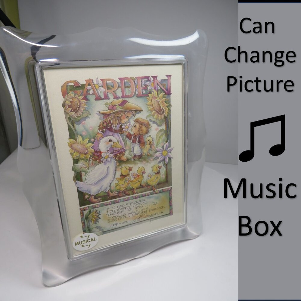 Vintage 80s Acrylic Frame Music Box "As Time Goes By" Garden Image Removable